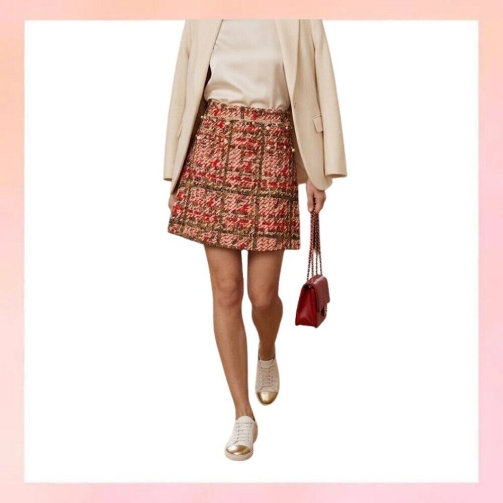 NWT Zara Tweed Plaid Mini Skirt Faux Pearl Embellished Red Cream Small
